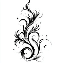 Stylized Floral Swirl and Star Icon, elegant black and white, representing nature, magic, or growth.