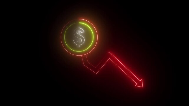 Cash with down arrow stocks graph animation with neon line Cash with down arrow stocks graph animation with neon line. Cash with down arrow stocks graph. dollar icon. dollar sign loss direction graph.
