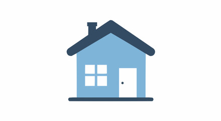 Illustration of a simple blue house with a chimney window and door on a white background view