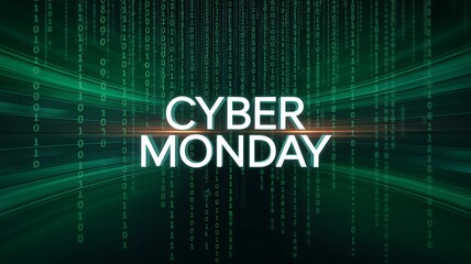 Cyber monday text with digital binary code background in green and black colors