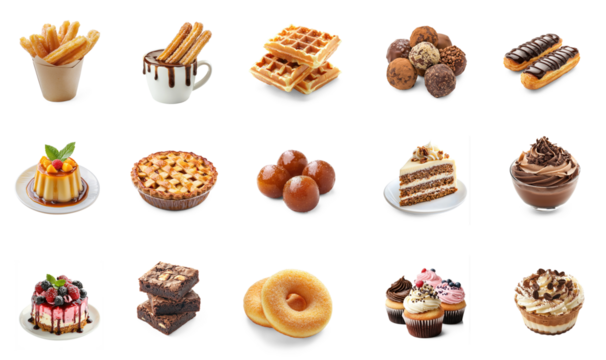 A variety of sweet and savory treats, including waffles, pastries, and desserts.