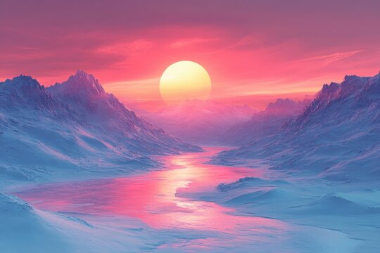Sunset casting warm glow on snow-capped mountains. - Powered by Adobe