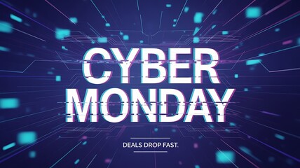 Cyber monday sale with glitch effect text on a vibrant blue digital background