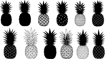Collection of 12 Pineapple Illustrations: Black Silhouettes and Patterned Designs. Tropical Fruit Vector Set for Summer.