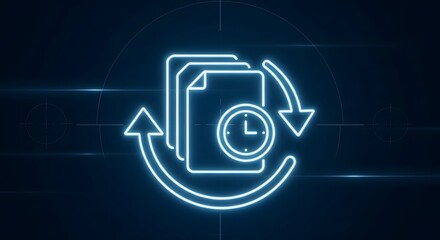 Neon-lit icon of a document with a clock and circular arrows on a dark background with a futuristic feel.