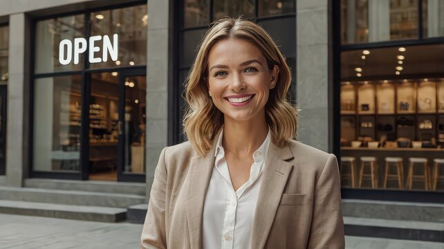 Smiling woman in front of her business with an open sign on the window