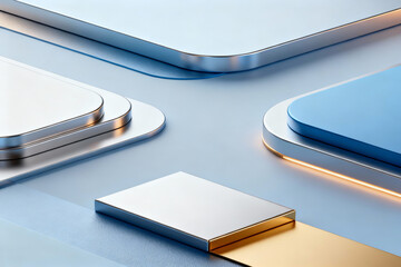 Minimalist 3D background with silver and blue platforms, featuring rounded corners and a central gold accent strip. Tech/Modern design.
