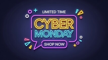 Cyber monday neon sign with limited time offer and shop now button, dark background
