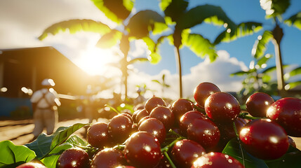 Coffee Cherries Harvest In Tropical Plantation