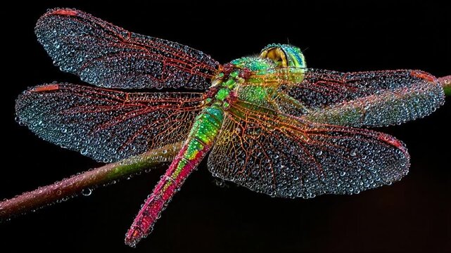 Colorful dragonfly with dew drops