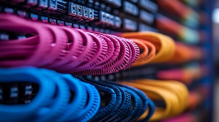Colorful network cables organized in a data center isolated on white background