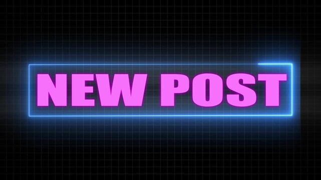 Pink Neon Glow " NEWPOST" Text Inside Blue Rectangular Frame on Grid Background new post button