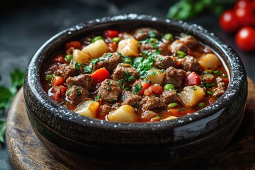 Bowl of beef stew with potatoes and tomatoes.
