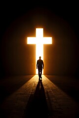 Silhouetted figure walking toward brilliantly illuminated cross-shaped doorway spiritual concept