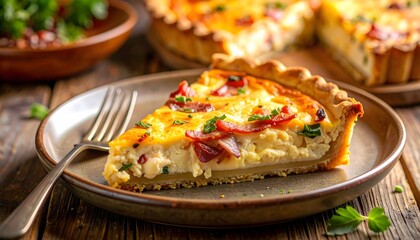 Slice of Quiche Lorraine (bacon and cheese) served on a rustic wooden plate, perfect for brunch or lunch.