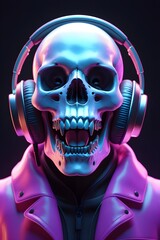 3D render of vibrant skull wearing sleek headphones digital artwork