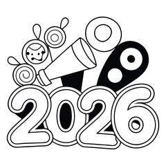 Whimsical hand drawn outline illustration of the year 2026 with fun cartoon elements and celebration symbols in a playful doodle style