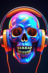 3D render of vibrant skull wearing sleek headphones 