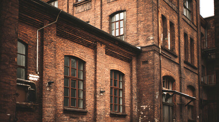 Naklejka premium Historic red brick industrial building facade with large windows and metal pipes