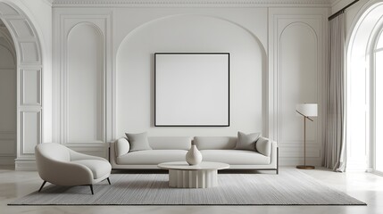 Luxurious modern living room with soft white and light grey tones interior design