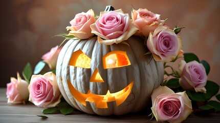 Carved pumpkin with rose flowers face Halloween decoration