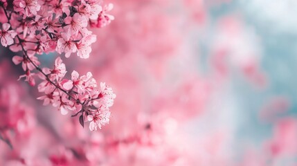 Obraz premium A pink cherry blossom branch against a blurred pink and blue background.
