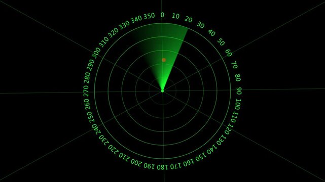 Radar Scanning Navigation, high-tech sonar display with red blip on black background, military detection system. 