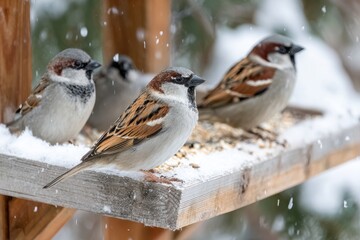 Group of sparrows feeding on snowy wooden feeder with falling snow, ideal for seasonal wildlife campaigns or wintertime illustrations