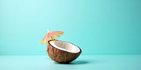 Tropical vacation and summer holiday concept. A fresh half coconut with a cocktail umbrella on a vibrant aqua background