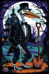 Skeleton Pelican Illustration in Black Pinstripe Tuxedo | Gothic Surreal Bird Artwork