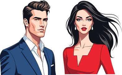 Elegant man and woman portrait illustration, stylish fashionable couple, modern lifestyle, glamour beauty, vector art design, luxury fashion, attractive style