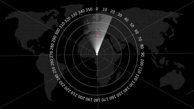 Radar Scanning Navigation, high-tech sonar display with red blip on black background, military detection system. 