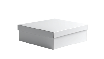 A simple, white cardboard box sits isolated against a stark black background, the lid partially covering the box, showcasing the product packaging and design.