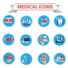 Flat medical icons concept set of medical supplies, healthcare diagnosis and treatment, laboratory tests, medicines and equipment. Vector concept for graphic and web design.