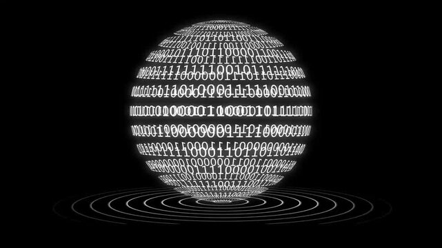 Animation of binary coding over globe. Digital earth with binary code for tech innovations.  globe sphere that has binary code digital texture.