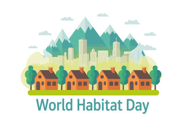 World Habitat Day Illustration with Houses Trees Mountains and City Skyline in a Flat Design Style Celebrating Urban and Natural Environments