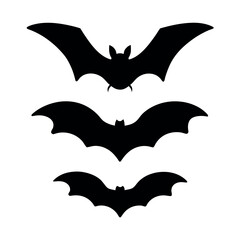 Three silhouetted bats flying in a row on a white background