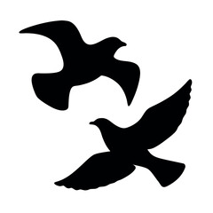 Two silhouetted birds in flight against a white background