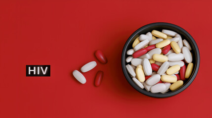 Colorful HIV Medication Pills in Bowl on Red Background.