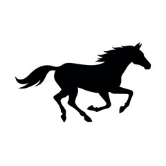 Silhouette of a powerful black horse galloping across a white background