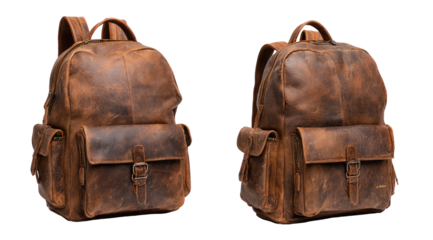 Two brown leather backpacks, side-by-side view, showing details like straps, buckles, and pockets