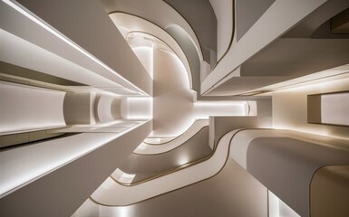 Abstract architectural interior with elegant lines and curvature, soft diffused lighting, minimal color scheme , strong composition and symmetry