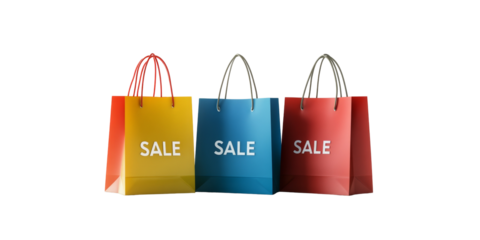 Colorful shopping bags with sale text on white background