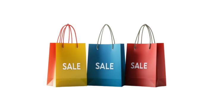 Colorful shopping bags with sale text on white background