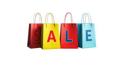 Colorful shopping bags display sale message with red, yellow, and blue designs
