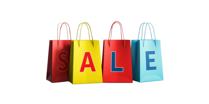 Colorful shopping bags display sale message with red, yellow, and blue designs