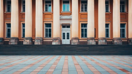 A grand, classical building with columns and a grand entrance, featuring a blue and white facade with a red roof.