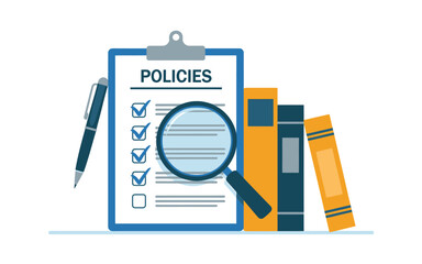 Policies and procedures review with magnifying glass isolated on white background