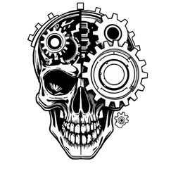 Mechanical Mind: A meticulously crafted artwork merging a human skull with intricate clockwork gears, symbolizing the intersection of thought and mechanics. It's a mesmerizing and artistic display.