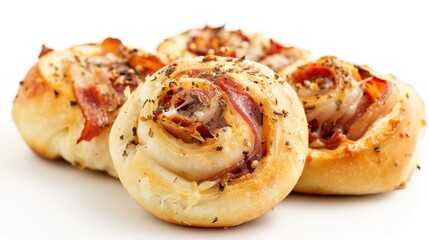 Bacon Roll on White Background – a delicious and simple culinary visual. The bacon roll on a clean white background highlights appetizing textures and savory appeal.